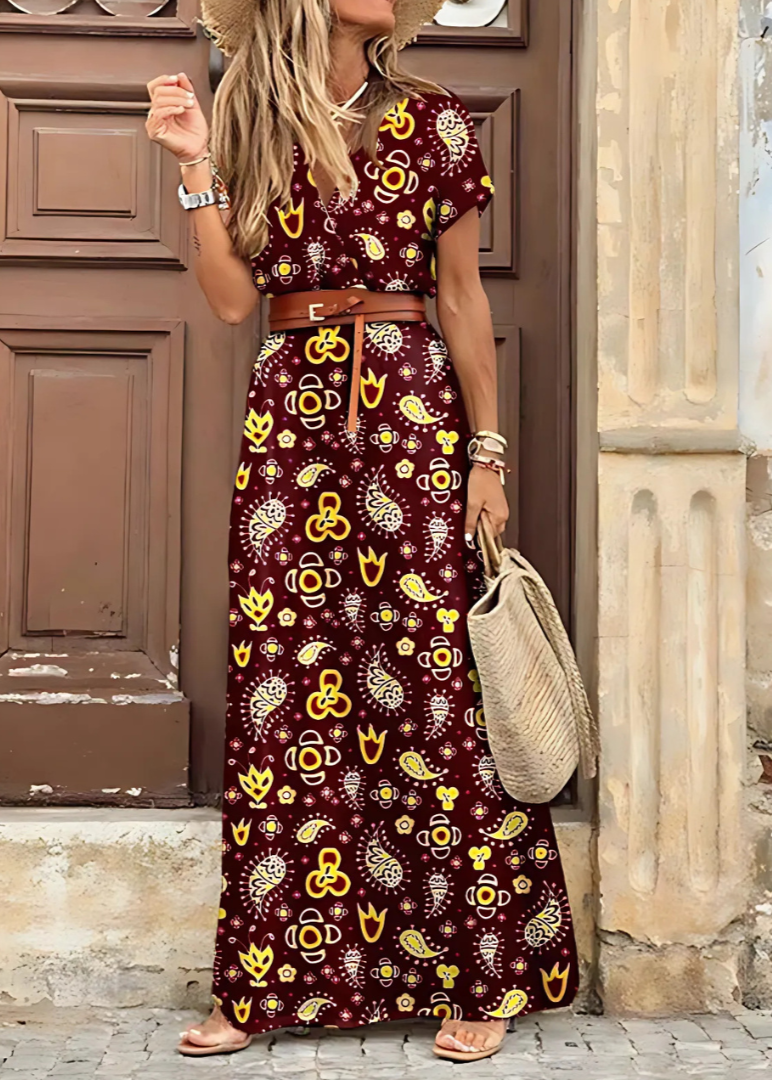 Sienna - Elegant Long Dress with Paisley Prints and Belt