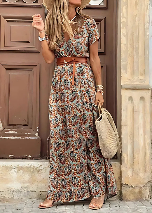 Sienna - Elegant Long Dress with Paisley Prints and Belt